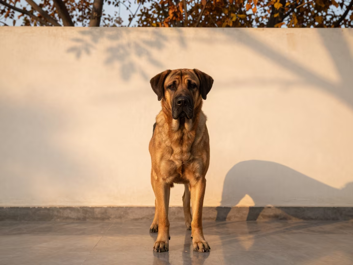 Golden Hour Portrait of Hovawart Beside Plaster Wall in beside a plain plaster wall in soft indoor light with the animal centered in frame in Rudrapur