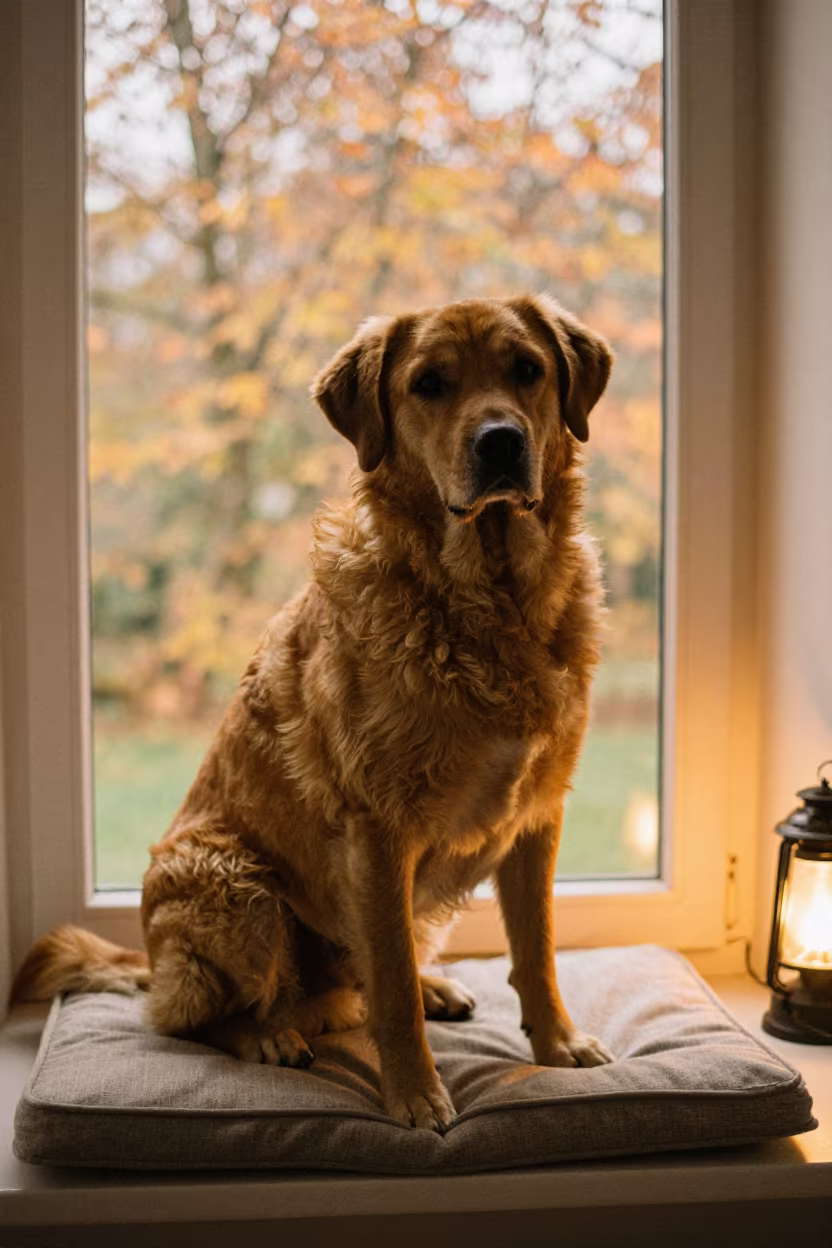 Golden Hour Portrait of Rafeiro Do Alentejo in on a cushioned window seat with soft side light and an uncluttered background near Victoria