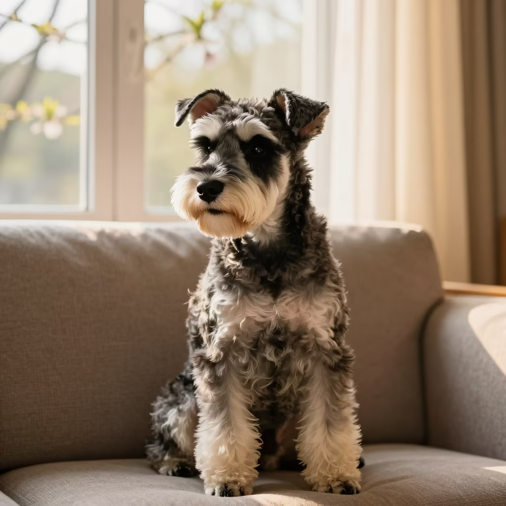 Golden Hour Portrait of Standard Schnauzer on Sofa in on a sofa near a curtained window with calm indoor light near Windsor