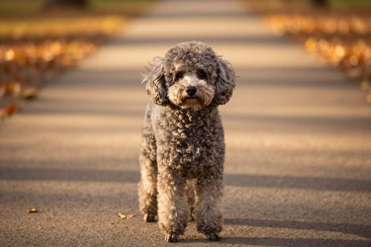Golden Hour Portrait of Teacup Poodle in Atlanta Park in along a quiet park path with soft open shade and a clean background in Atlanta