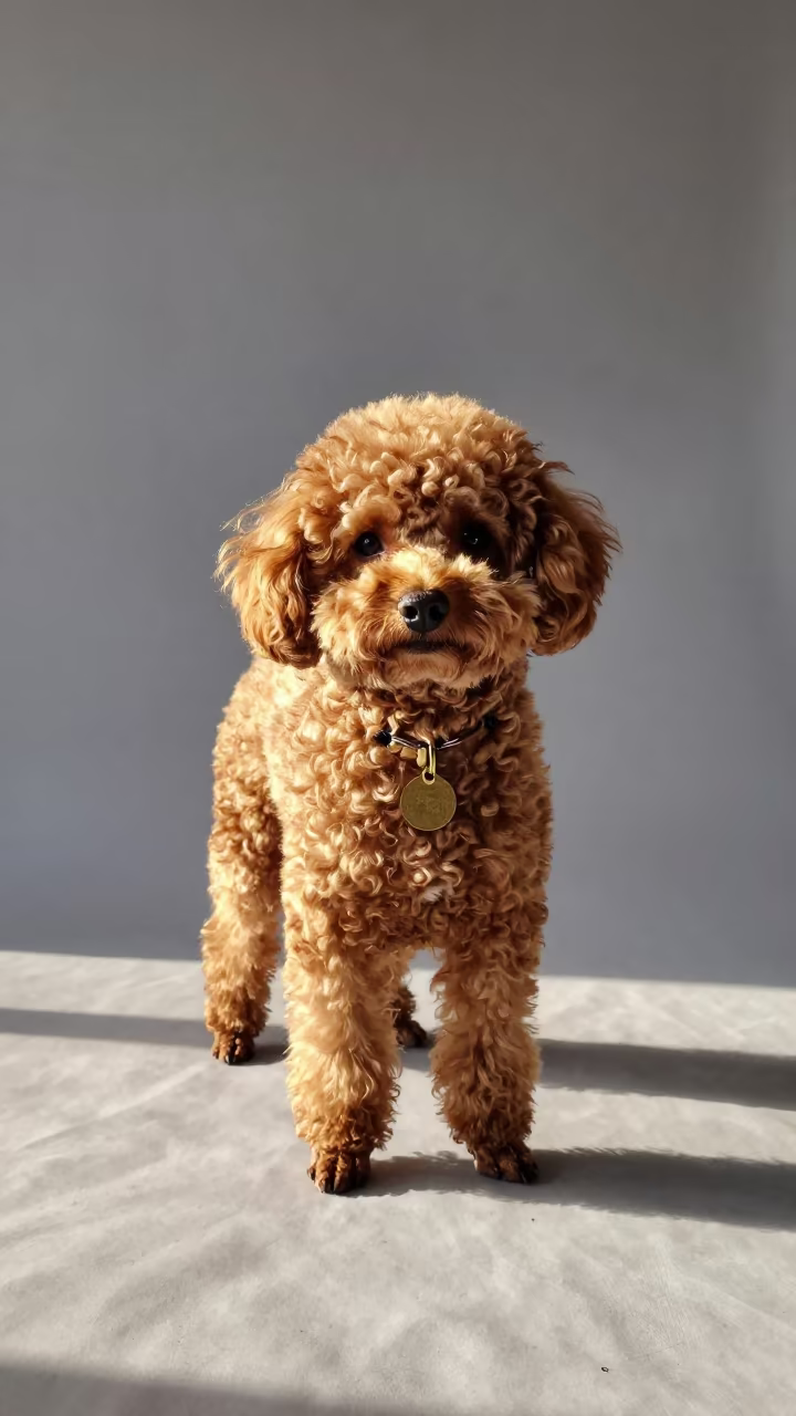 Golden Hour Portrait of Teacup Poodle in Manchester Studio in in a quiet portrait studio with a plain backdrop and eye-level framing in Manchester