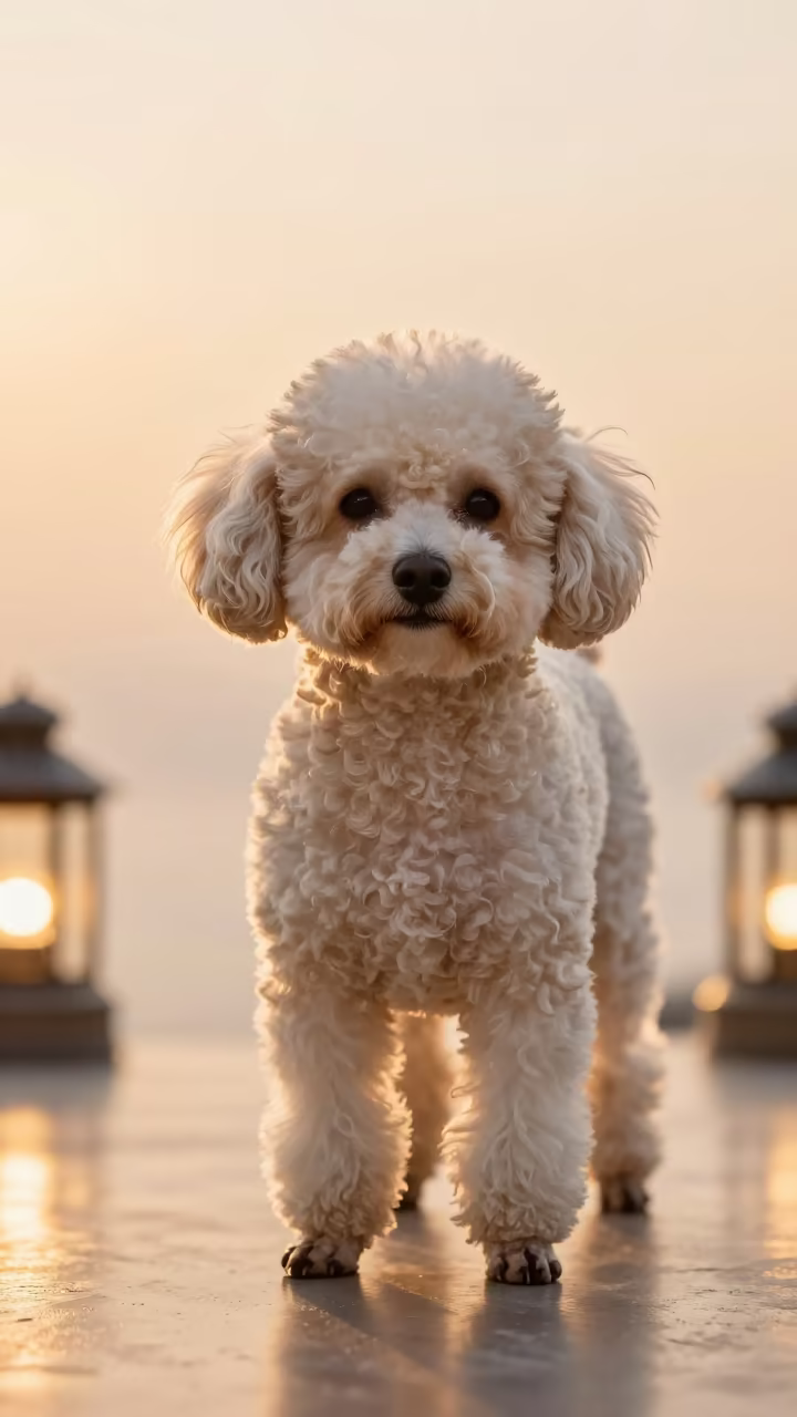 Golden Hour Portrait of Teacup Poodle in Studio in in a quiet portrait studio with a plain backdrop and eye-level framing near Exeter