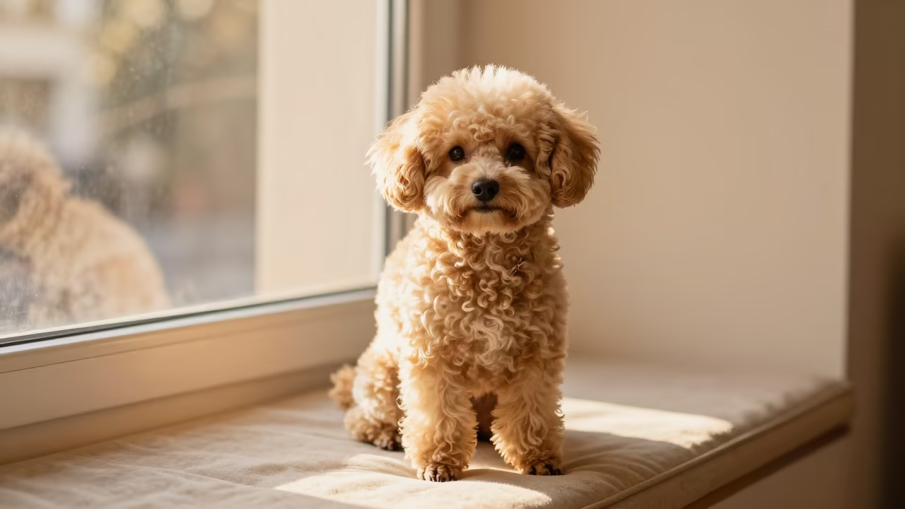 Golden Hour Portrait of Teacup Poodle on Cordoba Window Seat in on a cushioned window seat with soft side light and an uncluttered background near Cordoba