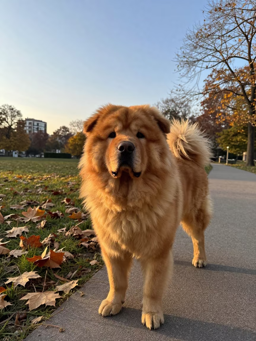 Golden Hour Portrait of Tibetan Mastiff in Debrecen in along a quiet park path with soft open shade and a clean background in Debrecen