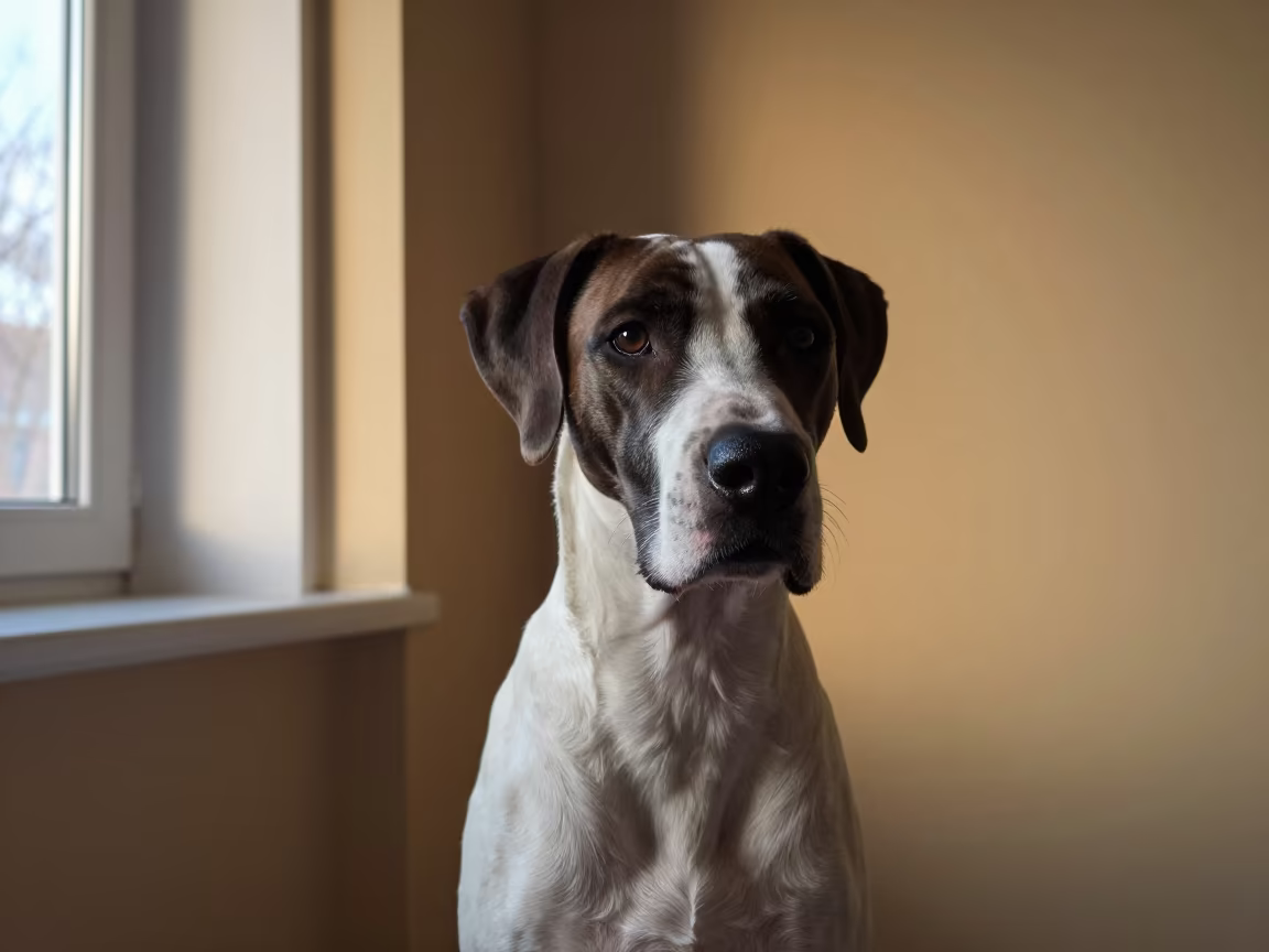Golden Hour Portrait of Volpino Italiano in Bishkek in beside a plain plaster wall in soft indoor light with the animal centered in frame in Bishkek