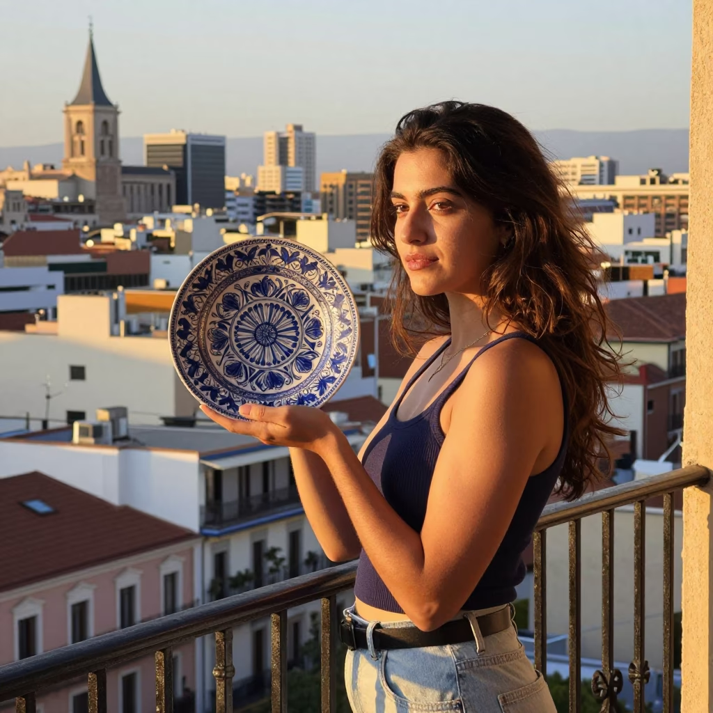 Golden Hour Portrait of Young Woman with Vintage Italian Majolica Plate on Madrid Balcony in in Madrid, Spain