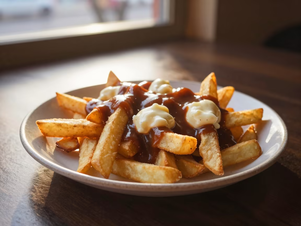Golden Hour Poutine on Ceramic Plate in on a ceramic plate by a window in Tongi