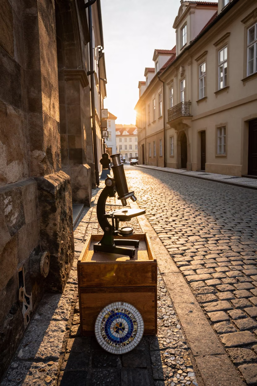 Golden Hour Prague Street Scene with Antique Microscope and Mosaic Fragments in in Prague, Czech Republic