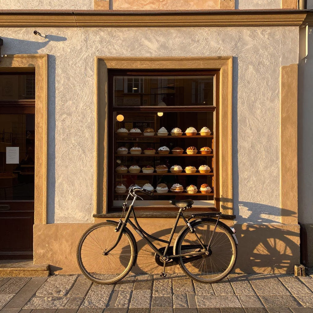 Golden Hour Prague Street Scene with Bicycle Propped Against Traditional Bakery Facade in in Prague, Czech Republic