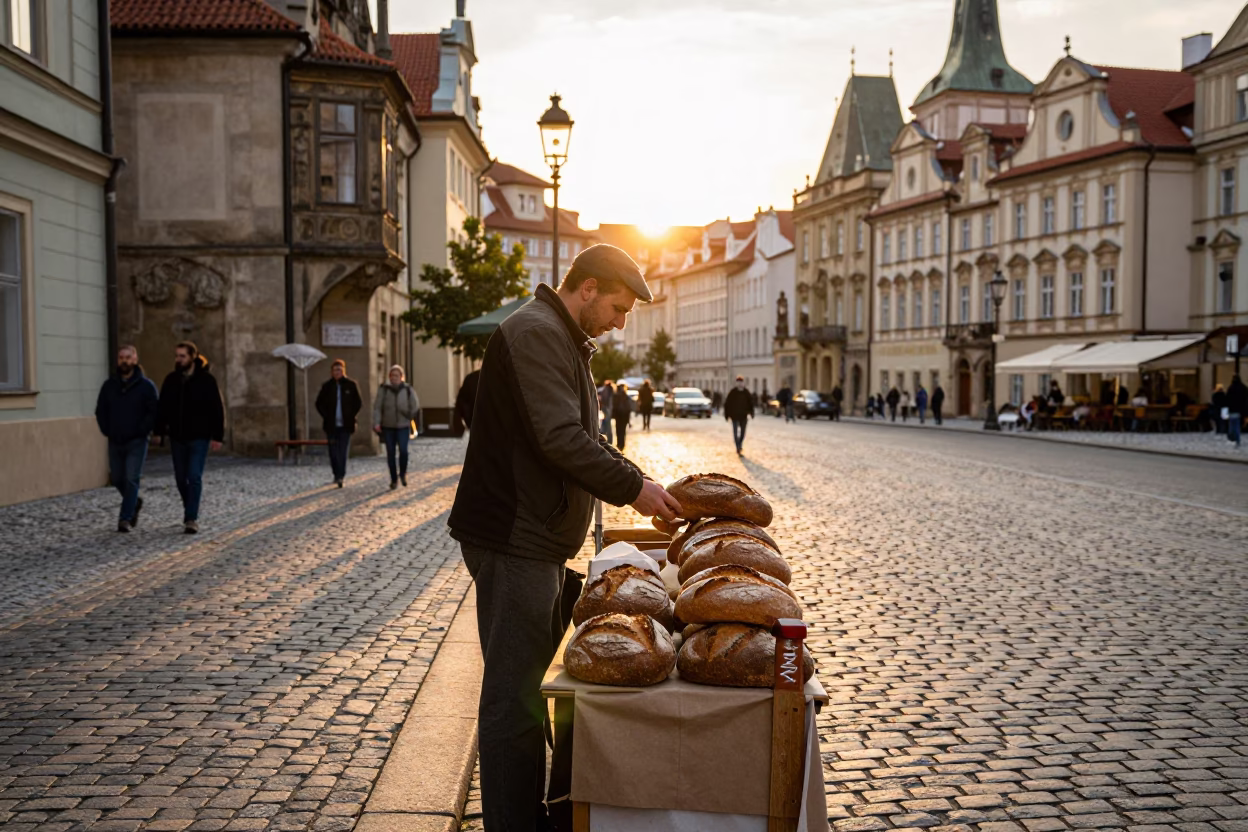 Golden Hour Prague Street Scene with Bread Loaves and Local Vendor in in Prague, Czech Republic
