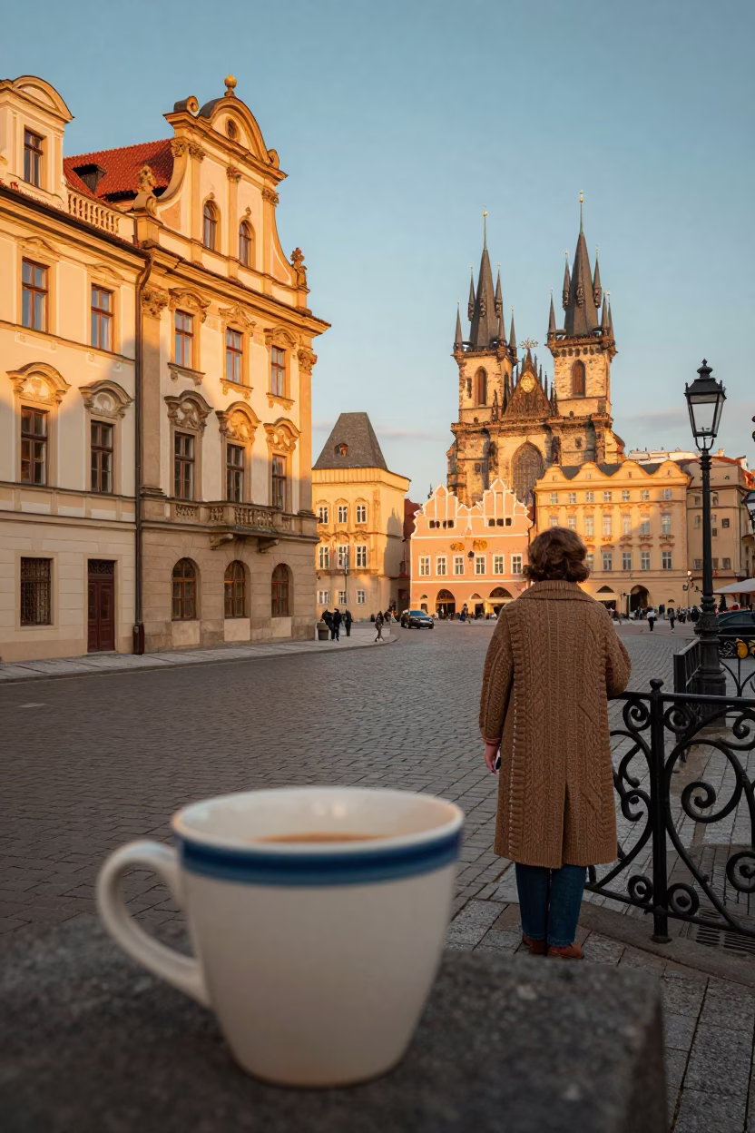 Golden Hour Prague Street Scene with Ceramic Cup and Cardigan Welsh Corgi in in Prague, Czech Republic