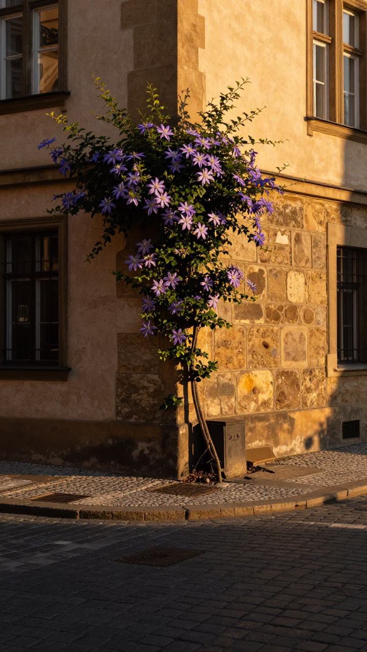 Golden Hour Prague Street Scene with Clematis Vine and Stone Wall Details in in Prague, Czech Republic