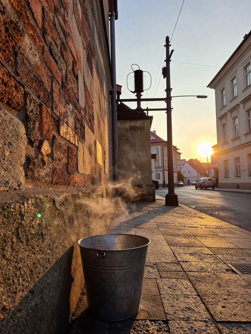 Golden Hour Prague Street Scene with Condensation and Substation Details in in Prague, Czech Republic