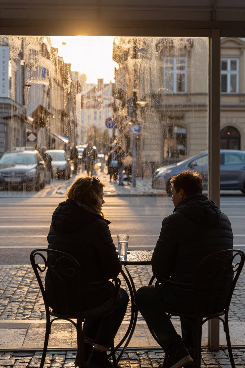 Golden Hour Prague Street Scene with Condensation on Glass and Water Rings on Bench in in Prague, Czech Republic
