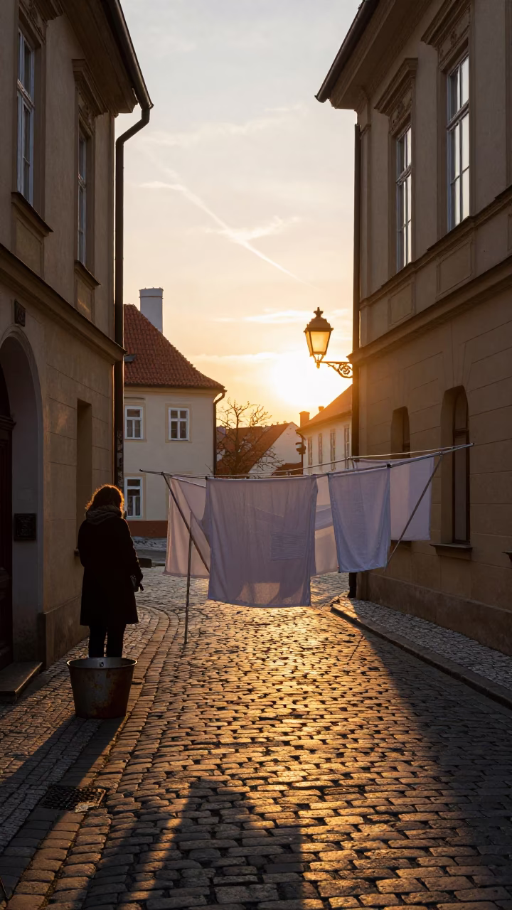 Golden Hour Prague Street Scene with Drying Rack and Metal Bucket in in Prague, Czech Republic