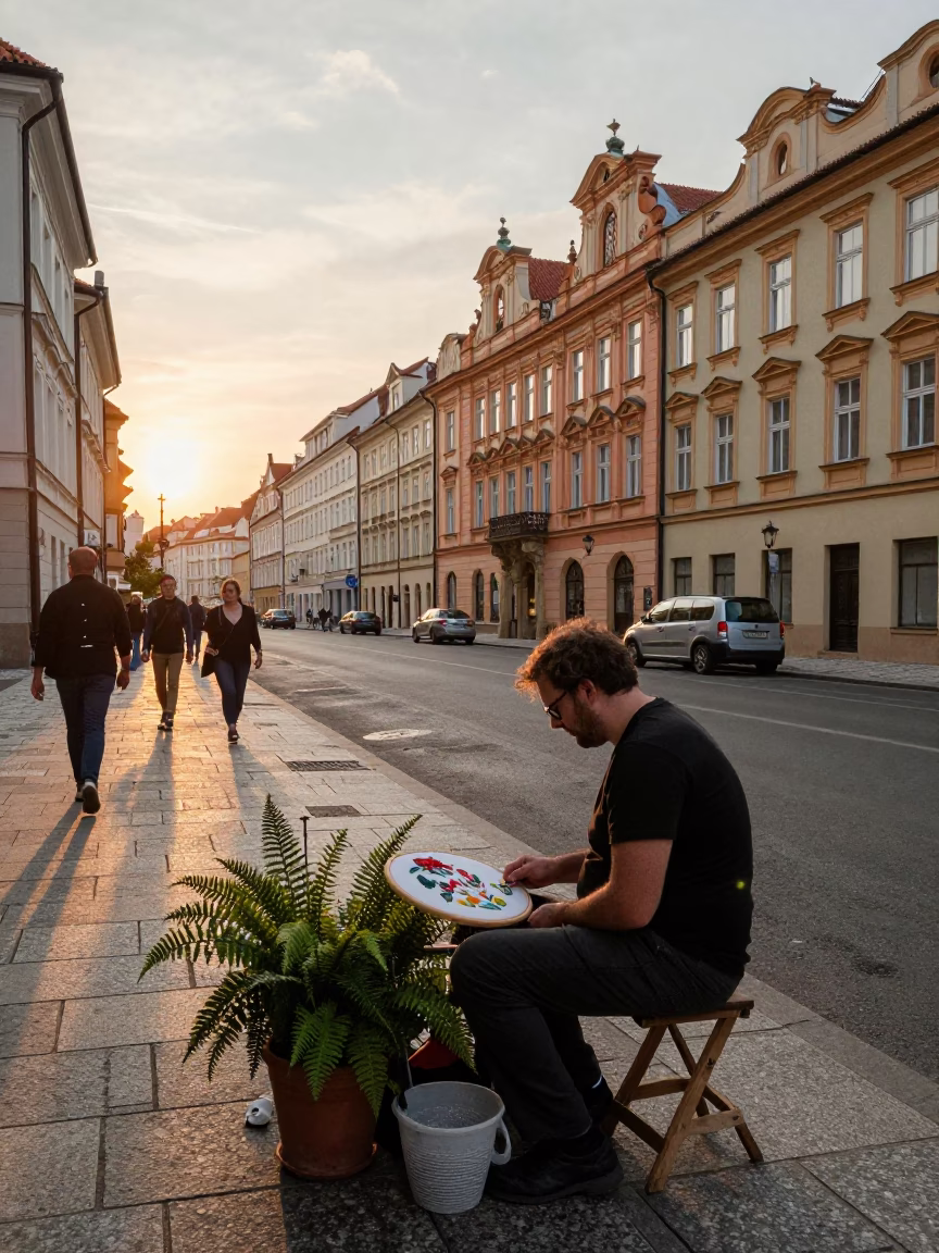 Golden Hour Prague Street Scene with Embroidery Hoop and Ferns in in Prague, Czech Republic