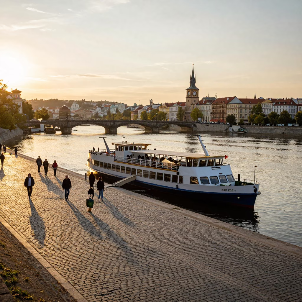 Golden Hour Prague Street Scene with Ferry Dock and Passengers in in Prague, Czech Republic