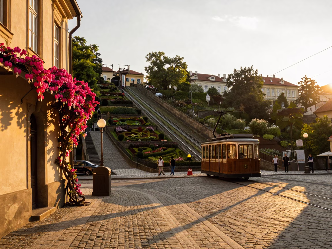 Golden Hour Prague Street Scene with Funicular and Bleeding Heart Vine in in Prague, Czech Republic