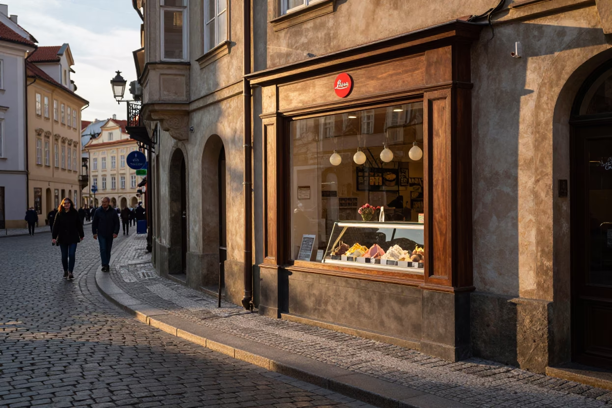 Golden Hour Prague Street Scene with Gelato Display and Local Pedestrians in in Prague, Czech Republic