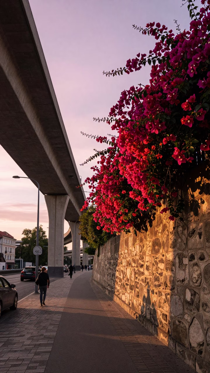 Golden Hour Prague Street Scene with Highway Flyover and Bougainvillea in in Prague, Czech Republic