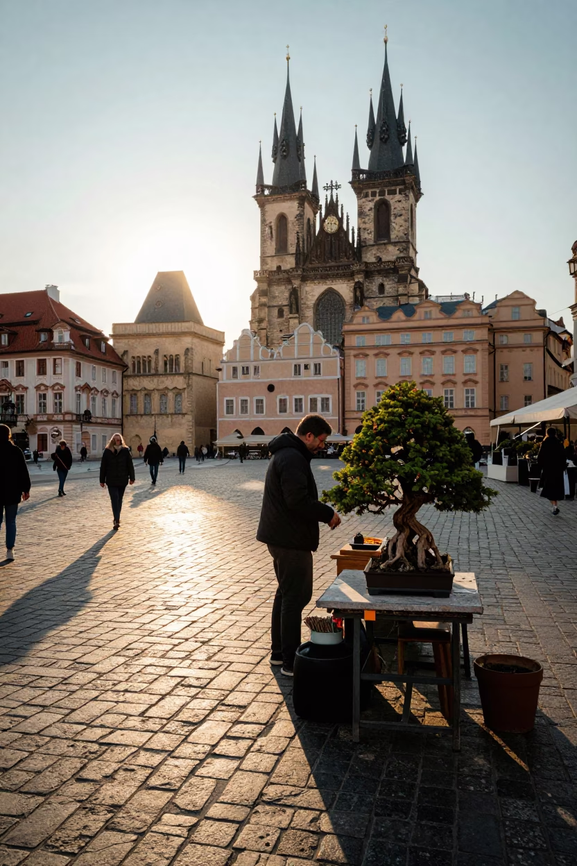 Golden Hour Prague Street Scene with Local Vendor and Bonsai Juniper in in Prague, Czech Republic