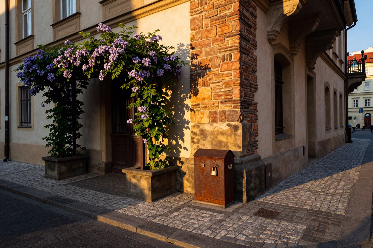 Golden Hour Prague Street Scene with Lockbox and Clematis Pergola in in Prague, Czech Republic
