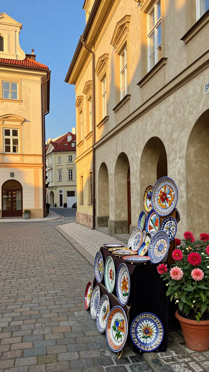 Golden Hour Prague Street Scene with Majolica Plates and Dahlia Garden Blooms in in Prague, Czech Republic
