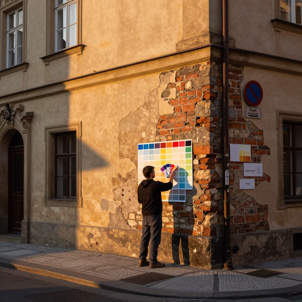 Golden Hour Prague Street Scene with Muralist Painting Sample Swatches on Scaffold in in Prague, Czech Republic
