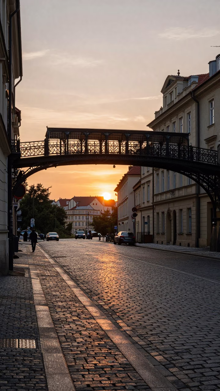 Golden Hour Prague Street Scene with Pedestrian Overpass and Wet Footsteps in in Prague, Czech Republic