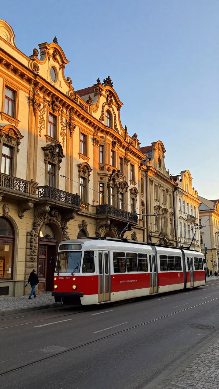 Golden Hour Prague Street Scene with Rattling Tram and Art Nouveau Facades in in Prague, Czech Republic