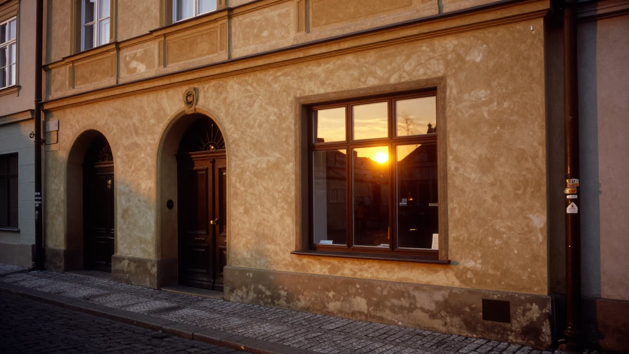 Golden Hour Prague Street Scene with Rustic Shop Window and Ceramic Details in in Prague, Czech Republic