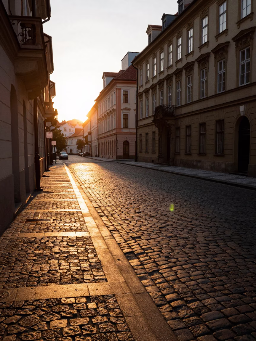 Golden Hour Prague Street Scene with Sunlight on Cobblestones and Historic Architecture in in Prague, Czech Republic