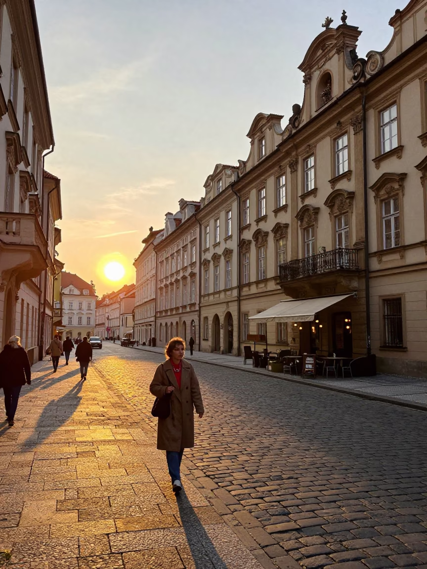 Golden Hour Prague Street Scene with Vintage Details and Local Life in in Prague, Czech Republic