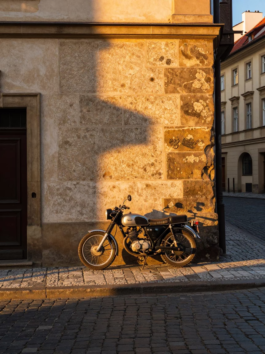 Golden Hour Prague Street Scene with Vintage Motorcycle and Lichened Stone Wall in in Prague, Czech Republic