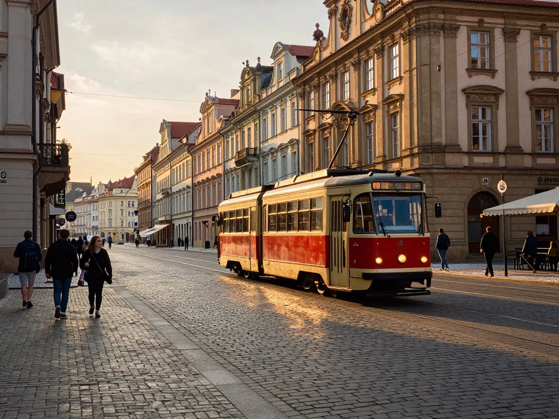 Golden Hour Prague Street Scene with Vintage Tram and Pedestrians in 1950s Style in in Prague, Czech Republic