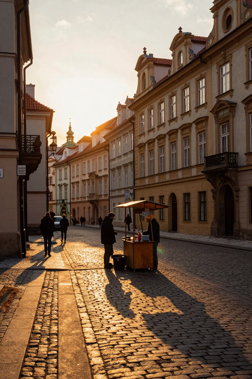 Golden Hour Prague Street Scene with Worn Varnish and Local Life in in Prague, Czech Republic