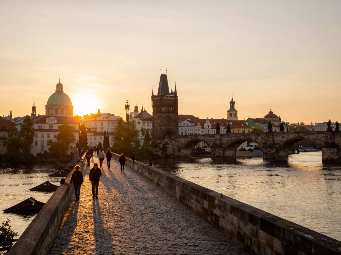 Golden Hour Prague Sunset Over Charles Bridge and Vltava River Canal in in Prague, Czech Republic