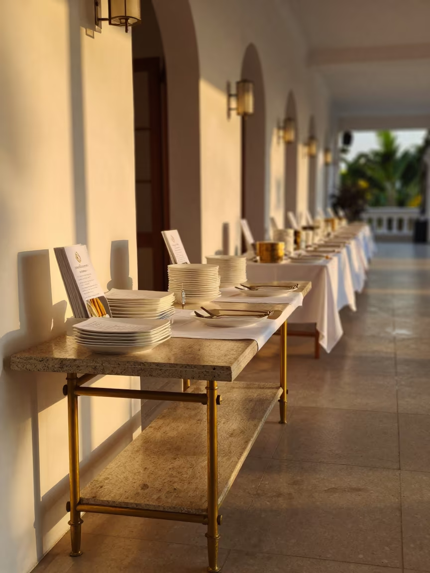 Golden Hour Prep Bench in Maracay Banquet Hall in inside a banquet hall before service in Maracay