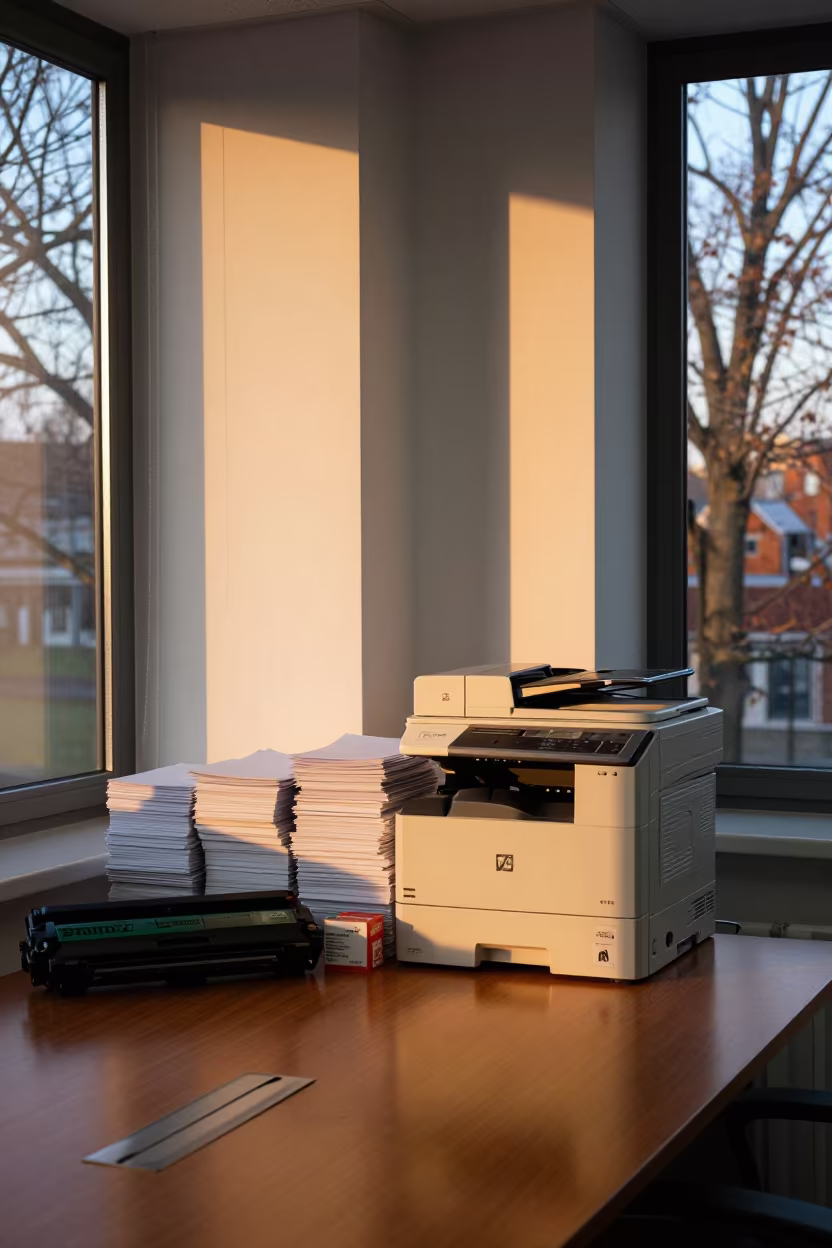 Golden Hour Printer Room Brno Boardroom Table in at a boardroom table before a meeting in Brno