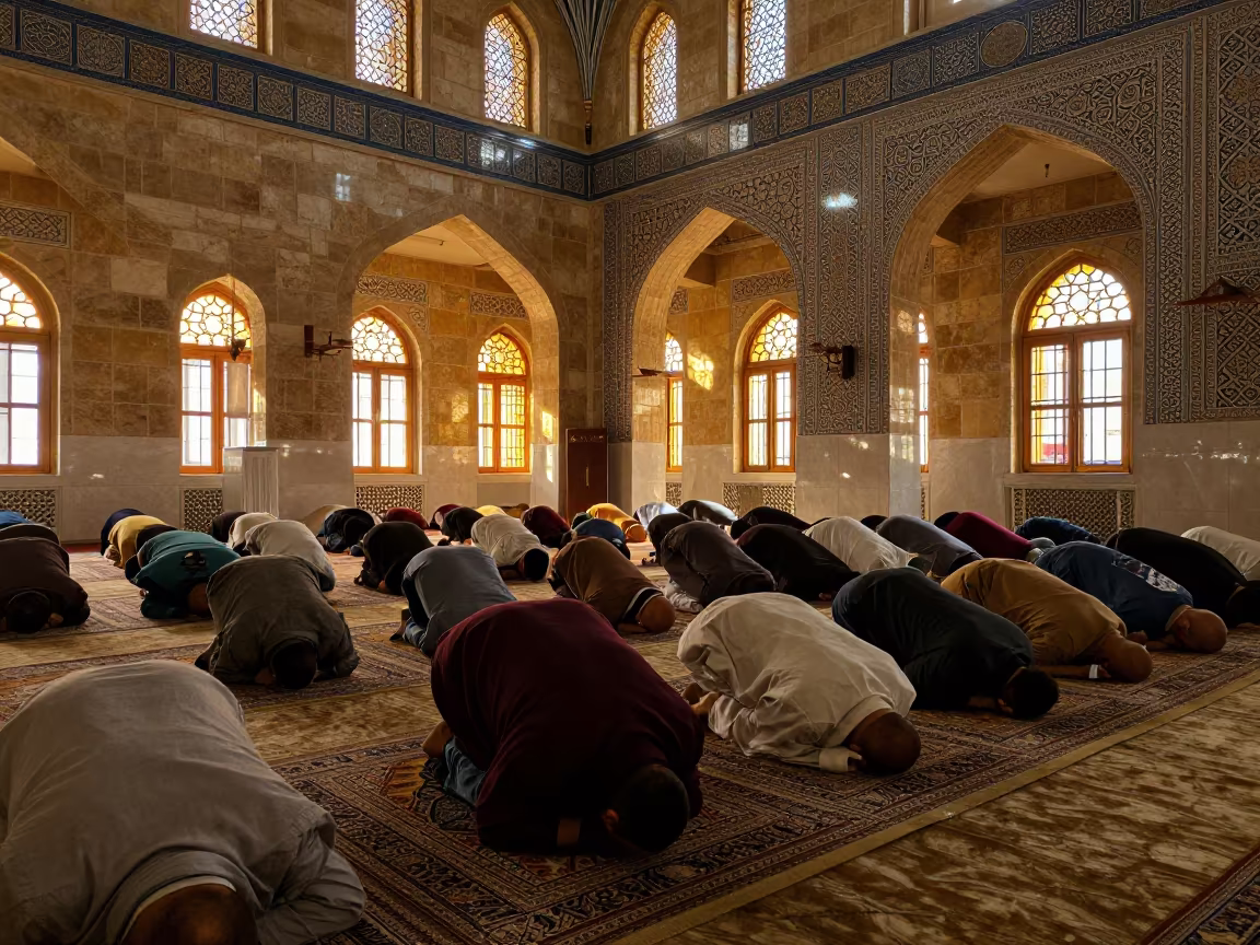 Golden Hour Prostration in Amman Mosque Nave in inside a candlelit nave in Amman