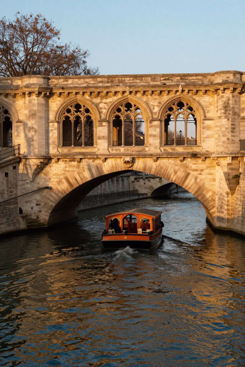 Golden Hour Punt Passing Under Gothic Stone Bridge in Paris France in in Paris, France