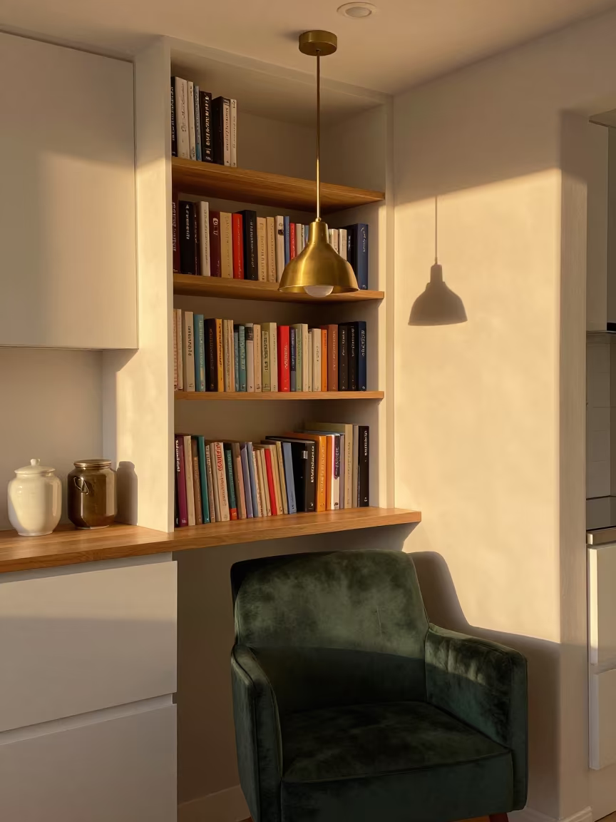 Golden Hour Reading Nook with Velvet Chair in in a cozy kitchen near Arua