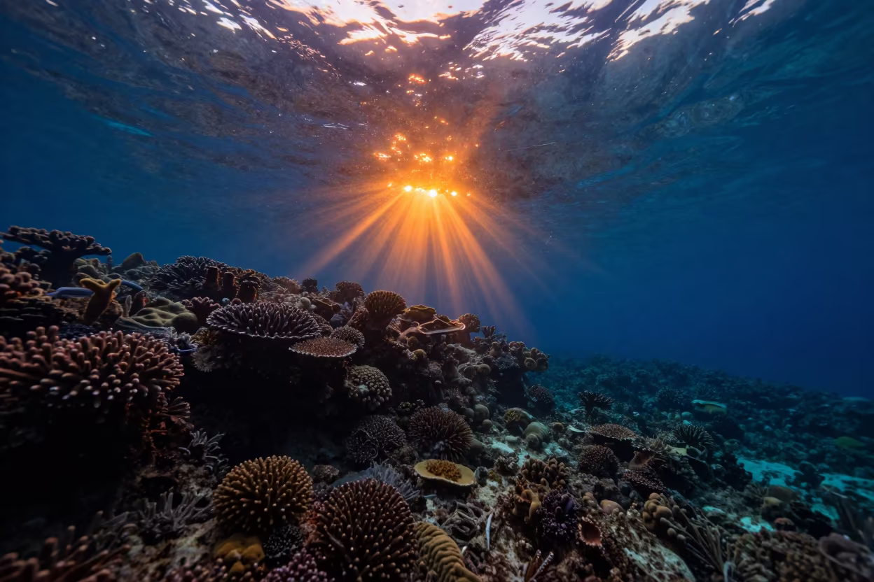 Golden Hour Reef Light Beams Zanzibar in beneath a reef ledge in tropical shallows near Zanzibar