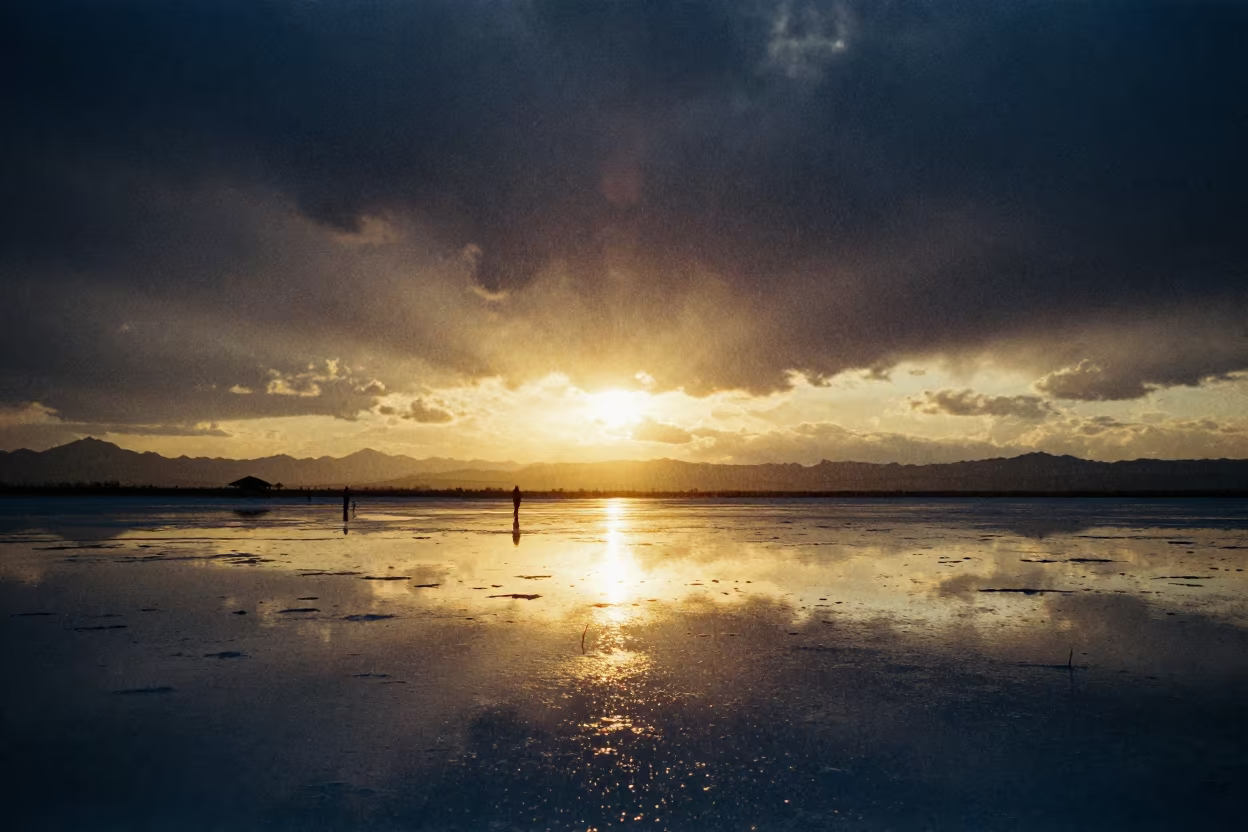 Golden Hour Reflection on Anyang Salt Flat in beneath a dark-sky overlook near Anyang