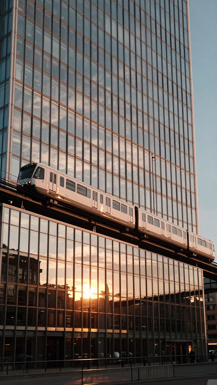 Golden Hour Reflection of Stockholm Monorail and Glass Skyscraper Facade in in Stockholm, Sweden