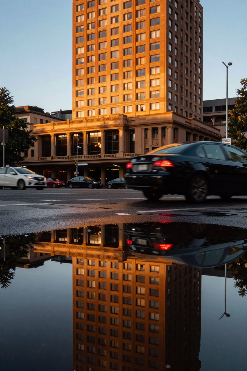 Golden Hour Reflections in Sydney Puddle Showing Hotel Windows and Tail Lights in in Sydney, New South Wales, Australia