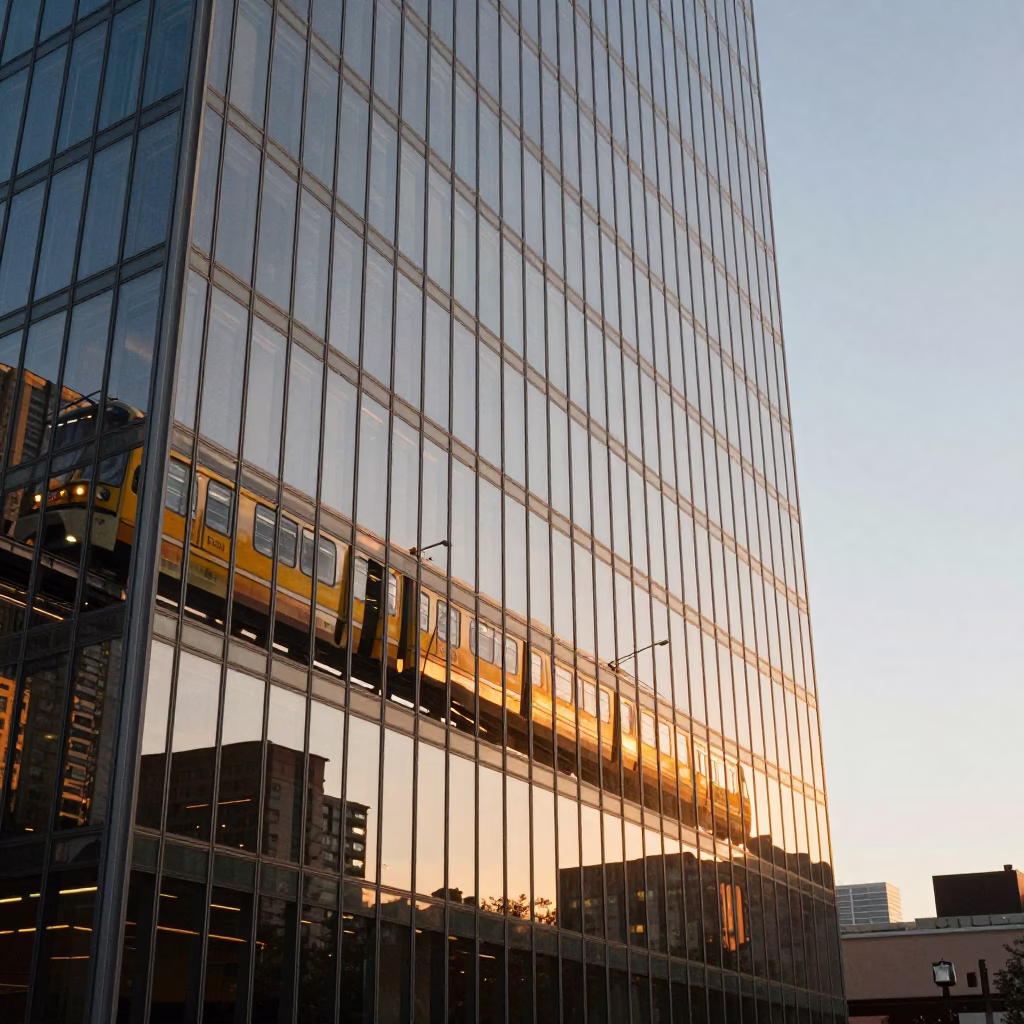 Golden Hour Reflections of Montreal Metro Monorail on Glass Tower Facade in in Montreal, Quebec, Canada