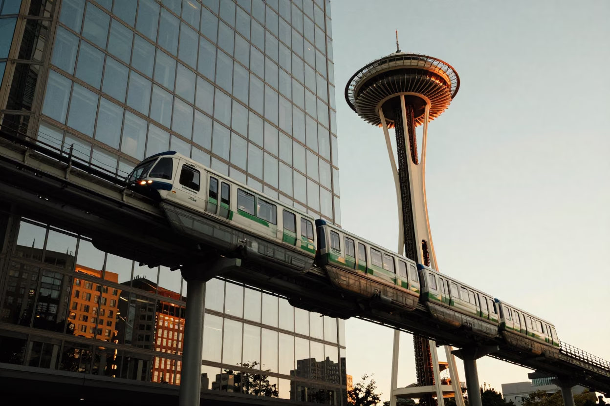 Golden Hour Reflections of Seattle Monorail on Glass Skyscraper Exterior in in Seattle, Washington, United States