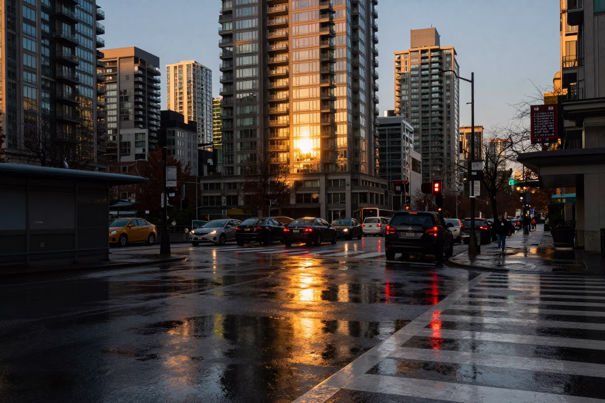 Golden Hour Reflections of Vancouver Hotel Windows and Tail Lights in Rain Puddle in in Vancouver, British Columbia, Canada
