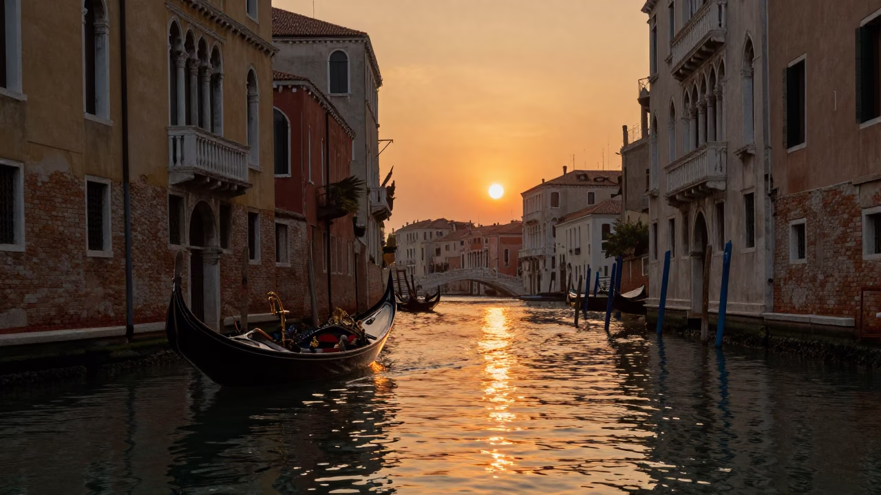 Golden Hour Reflections on Venetian Canal with Gondola and Traditional Architecture in in Venice, Italy